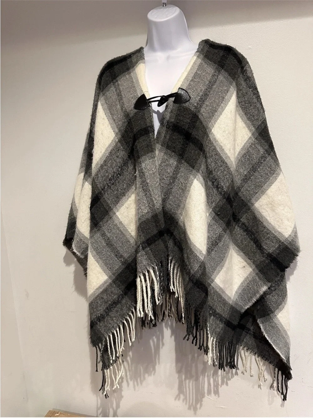 Cozy Black & Cream Plaid Fringe Poncho - Shawl cover up studio select